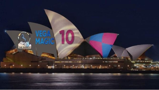 An artist’s impression of the 2018 Barrier draw projected onto the Sydney Opera House for the 2018 Everest Race.