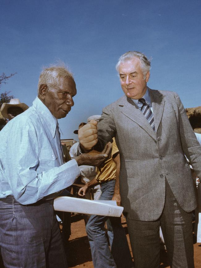 Wave Hill walk-off leader Vincent Lingiari with Prime Minister Gough Whitlam at the historic site in 1975.