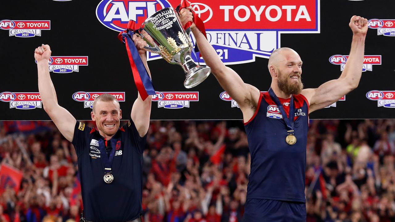 Simon Goodwin and Max Gawn celebrate after the final siren. Picture: Getty Images