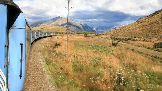 The TranzAlpine travelling through Otago, New Zealand.