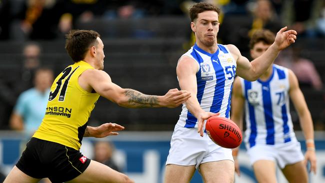 MELBOURNE, AUSTRALIA - AUGUST 20: Jack WatkinsÊof the Kangaroos kicks during the 2023 VFL round 22 match between Richmond and North Melbourne at Swinburne Centre on August 20, 2023 in Melbourne, Australia. (Photo by Josh Chadwick/AFL Photos)