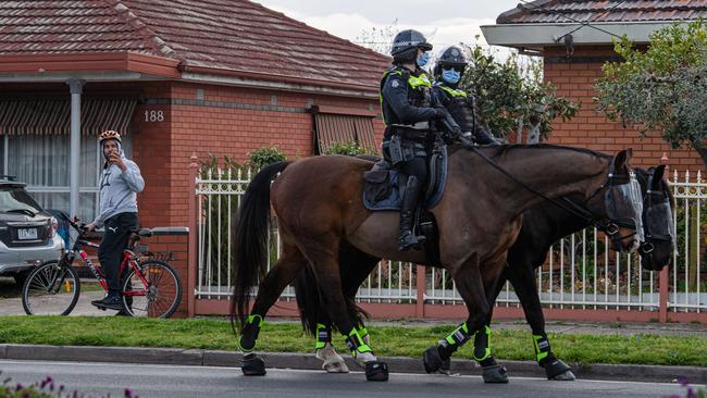 An unmasked man films police on horse back in Altona North. Picture: Jason Edwards