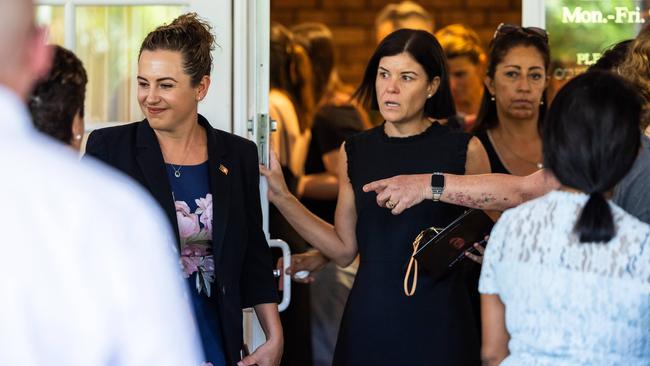 Chief Minister Lia Finocchiaro and Natasha Fyles at the funeral service for Nightcliff Friendly Grocer owner Linford Feick on Wednesday, May 7 at Resthaven Chapel. Picture: Pema Tamang Pakhrin