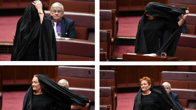 Senator Hanson donned a burka in the Senate last month. Picture: AAP