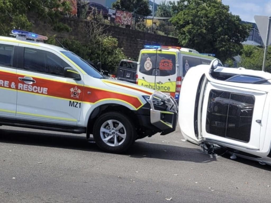 A car was left on its side after a crash at Boat Harbour Drive in Hervey Bay.