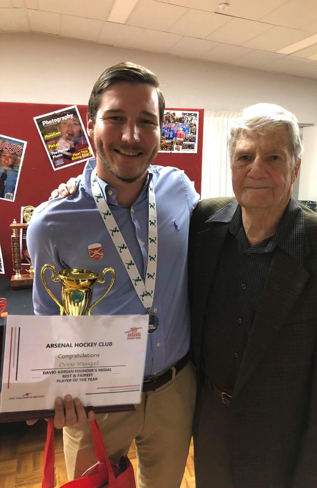 Drew Wenzel (left) and David Adrian at the Founders Medal awards. Drew received the medal in 2018, which was David's last presentation. The award has continued in his honour. Picture: Contributed.