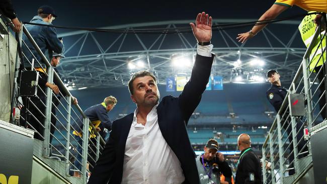 Ange Postecoglou’s last farewell? The Socceroos coach leaves the field after Australia beat Honduras. Picture: Phil Hillyard