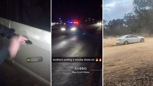 An epidemic of vehicle theft in Dubbo sees children as young as 10 stealing cars and posting videos of their criems on TikTok. Stills from the videos showing a care being stolen, left, a police chase, centre, and a stolen car being skidded around a dry paddock, right. Pictures: Supplied