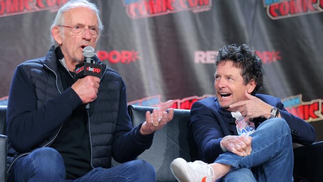 Actors Christopher Lloyd and Michael J. Fox attend a Back To The Future Reunion at New York Comic Con. Picture: Getty Images