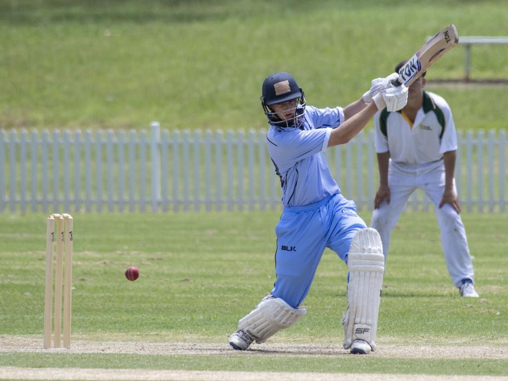 Harrison Tzannes bats for Toowoomba. Mitchell Shield, Toowoomba vs Lockyer. Sunday, January 23, 2022. Picture: Nev Madsen.