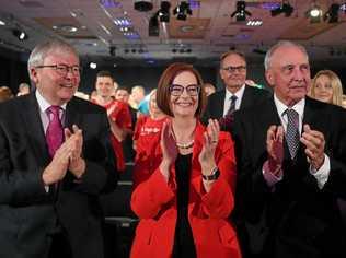 Former Australian Prime Ministers Kevin Rudd, Julia Gillard and Paul Keating acknowledge Australian Opposition Leader Bill Shorten after delivering a speech at the Labor Party campaign launch for the 2019 Federal election at the Brisbane Convention Centre in Brisbane, Sunday, May 5, 2019. Picture: LUKAS COCH