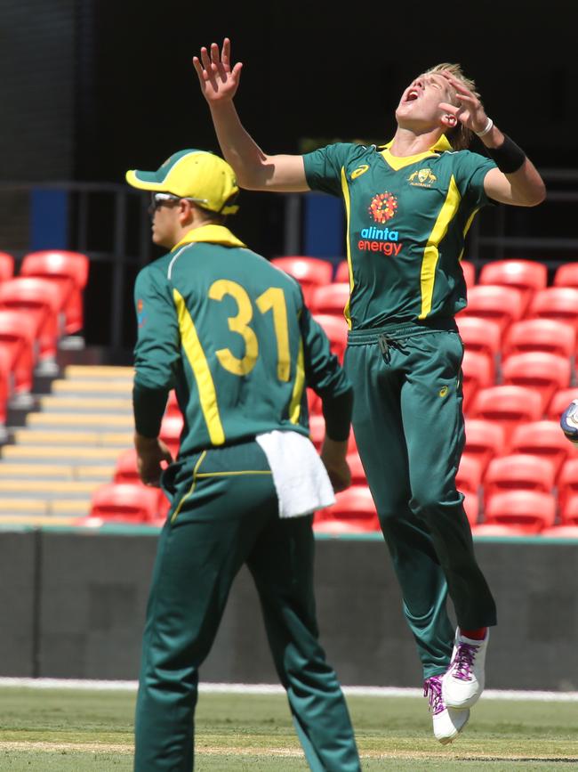 Cricket, Australia XI team playing England Lions in a one-day match at Metricon Stadium. Gold Coaster Matt Kuhnemann 31 and Will Sutherland 24 Pic Mike Batterham