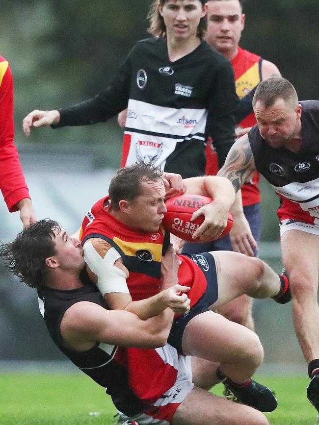 Football. SFL. Dodges Ferry V New Norfolk. Jake Bearman New Norfolk and Brad Jackson Dodges Ferry. Picture: Nikki Davis-Jones