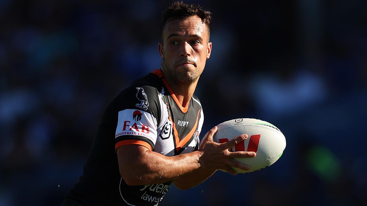 SYDNEY, AUSTRALIA - MARCH 19: Luke Brooks of the Wests Tigers in action during the round three NRL match between Canterbury Bulldogs and Wests Tigers at Belmore Sports Ground on March 19, 2023 in Sydney, Australia. (Photo by Mark Metcalfe/Getty Images)