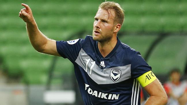 MELBOURNE, AUSTRALIA - FEBRUARY 11: Ola Toivonen of the Victory celebrates after kicking a penalty goal during the AFC Champions League Group E match between Melbourne Victory and Chiangrai United at Melbourne Rectangular Stadium on February 11, 2020 in Melbourne, Australia. (Photo by Daniel Pockett/Getty Images)