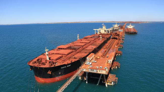 Iron ore being loaded on to a Rio Tinto vessel at Cape Lambert port in the Pilbara. Picture: Bloomberg