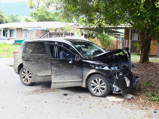 A Haval Jolion stolen from Mount Sheridan has crashed into a tree on McEwen St Mooroobool critically injuring a juvenile passenger in the vehicle. Picture: Peter Carruthers