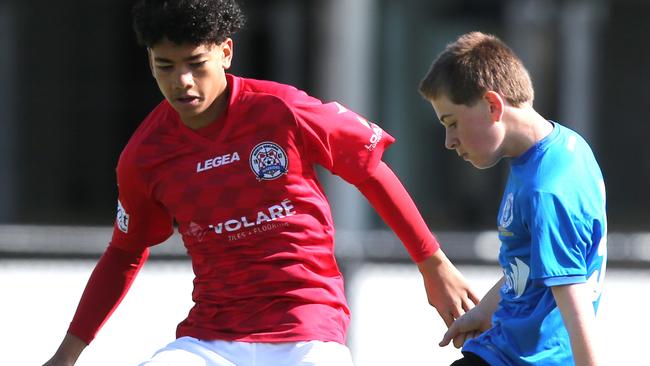 Under-14s soccer - North Geelong (Red) v Berwick City.  Picture: Mike Dugdale