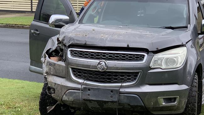 A car crashed into a house at 2 Daniel Ct Ooralea on the morning of October 3, 2022. Three occupants of the car were assessed by Queensland ambulance personnel. Picture: Duncan Evans