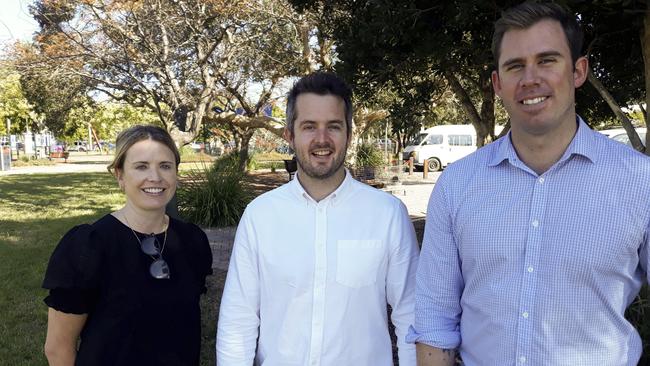 Place Design Group representatives at a site inspection of Brelsford Park. Pictured are project manager Jane Rumble, design manager Tim Field and project director Nick Ison.