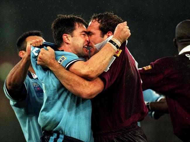 Arguably the greatest photo in rugby league folklore: Terry Hill &amp; Gordon Tallis face off in State of Origin Game II, 1999. Picture: Trent Parke.