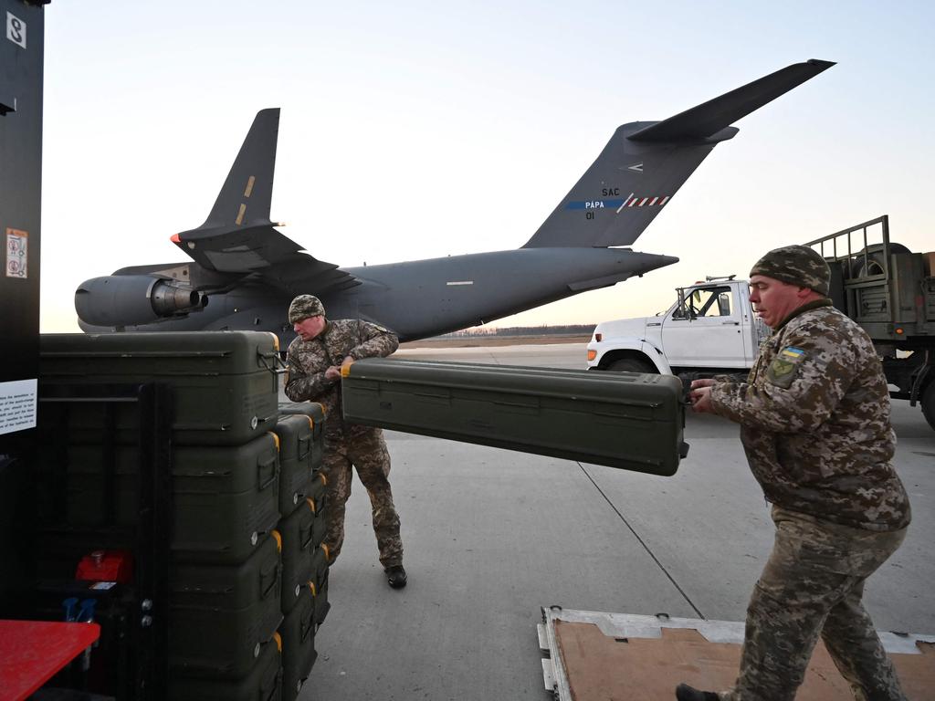 Servicemen of Ukrainian Military Forces move US-made FIM-92 Stinger missiles in Kyiv. Picture: AFP