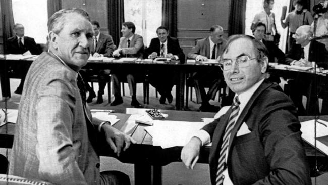 Malcolm Fraser and John Howard at first Liberal Party Executive conference at their headquarters in Canberra in 1982.