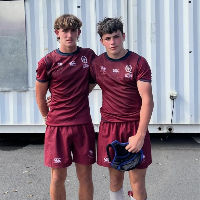 Zac Zeremes and Kolby Walters, pictured after a Queensland Rugby Under 16 rugby sevens game earlier this year,