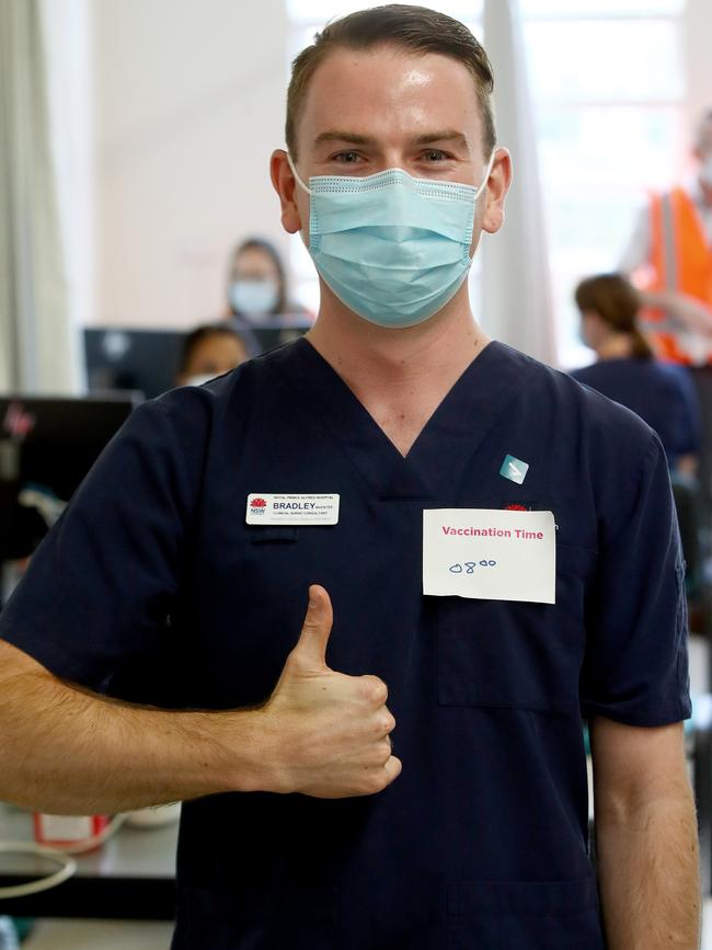 Nurse manager Bradley McEntee was the third person in NSW to receive the Pfizer vaccine at the Royal Prince Alfred Hospital. Picture: Toby Zerna