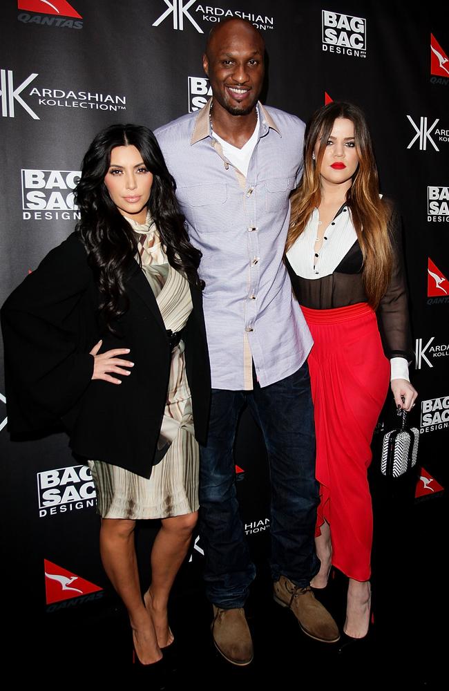 Australian visit ... Kim Kardashian, Khloe Kardashian and Lamar Odom arrive at the Kardashian Kollection Handbag launch at Hugo's on November 2, 2011 in Sydney. Picture: Lisa Maree Williams/Getty Images