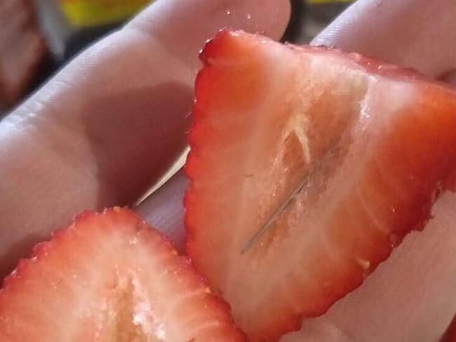 A strawberry bought from Adelaide Fresh Fruiterers and cut open by the mother of a toddler. Picture: Nine News