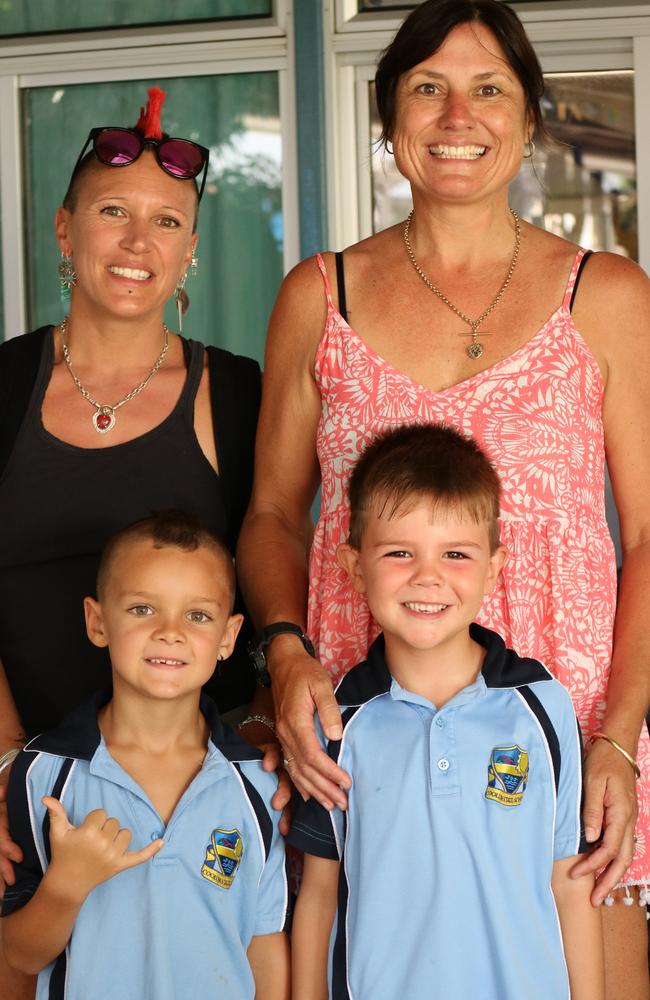 Front left, Dare Corrigan with mum, back left, Claire Corrigan and mate Billy Stormonth with his mum Ange Stormonth on the children's first day of prep at Coolum State School in Coolum Beach, on January 22. Picture: Letea Cavander