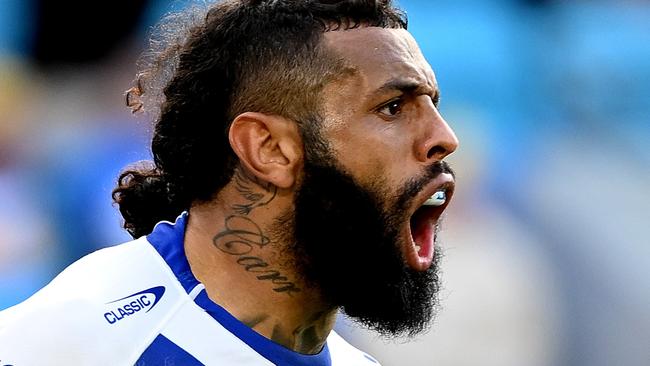 GOLD COAST, AUSTRALIA - SEPTEMBER 03: Josh Addo-Carr of the Bulldogs celebrates after scoring a try during the round 27 NRL match between the Gold Coast Titans and Canterbury Bulldogs at Cbus Super Stadium on September 03, 2023 in Gold Coast, Australia. (Photo by Bradley Kanaris/Getty Images)