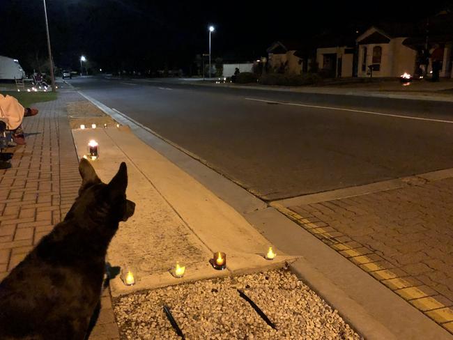 Dog keeps a watchful eye as locals light up the dawn at Aldinga Picture: Simon Connelly