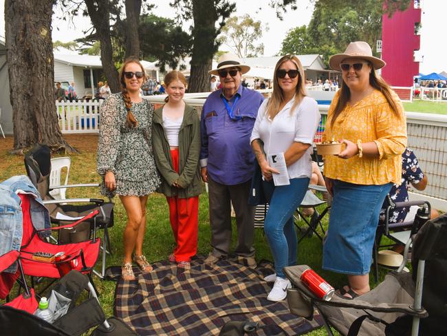 Erin Alton, Cheyenne Stuckey, Andy Varnik, Ashlee Stuckey and Anita Stafferton at the Alex Scott &amp; Staff Woolamai Cup on Saturday, February 8, 2025. Picture: Jack Colantuono