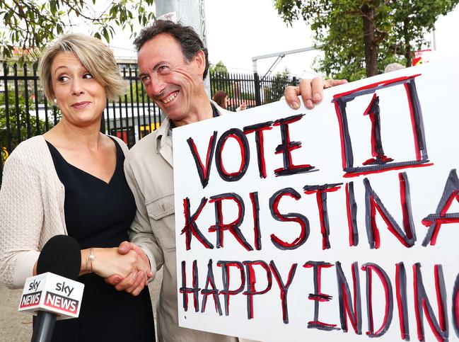 Labor candidate, Kristina Keneally with a supporter outside of the Epping railway station on the last day of campaigning in the Bennelong by-election. Picture: John Feder/The Australian.