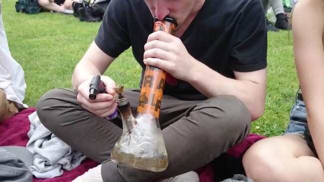 An unidentified man smokes a bong at a 420 picnic at Flagstaff Gardens. Picture: Supplied