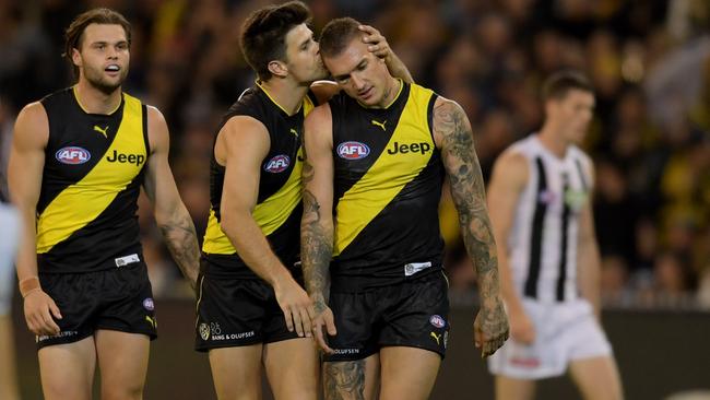 Trent Cotchin and Dustin Martin share a moment on the field. Picture: AAP Images