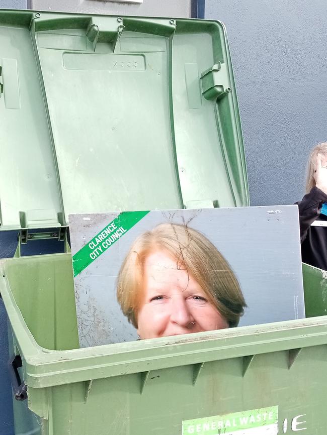 Clarence candidate Beth Warren's signs in the bin. Pic: Dean Ewington.