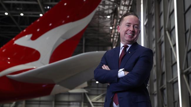 Alan Joyce with a refurbished Qantas A380 in Sydney on Wednesday. Picture: David Swift