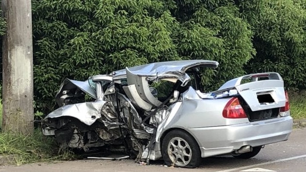 What was left of the car Lleyton Van Spronssen was allegedly driving after it crashed at Niagara Park. Picture: supplied