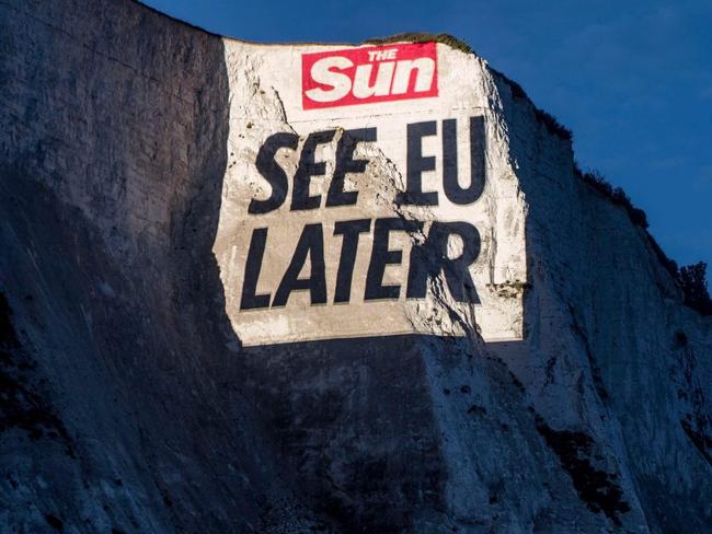 The Sun projects a farewell message to Europe on the White Cliffs of Dover. Picture: NEWS GROUP NEWSPAPERS LTD