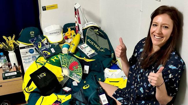 Australian Table tennis athlete Michelle Bromley shows off her stash in the Olympic village.