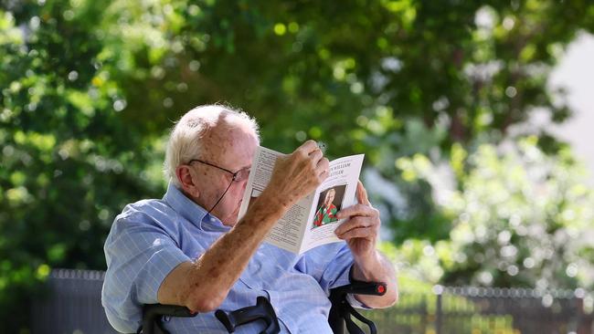 A friend during the funeral for Souths legend John Sattler on the Gold Coast. Picture: NCA NewsWire/Tertius Pickard