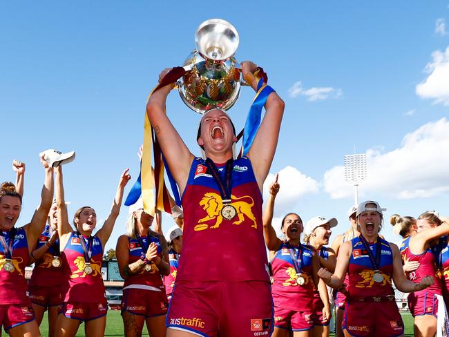 Dakota Davidson roars after Brisbane Lions’ 2023 AFLW premiership.