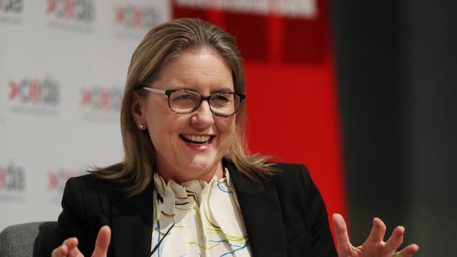 Victorian Premier Jacinta Allan spruiks her government’s fast-tracking of planning approvals for renewable energy projects at the CEDA State of the State lunch in Melbourne on Thursday.