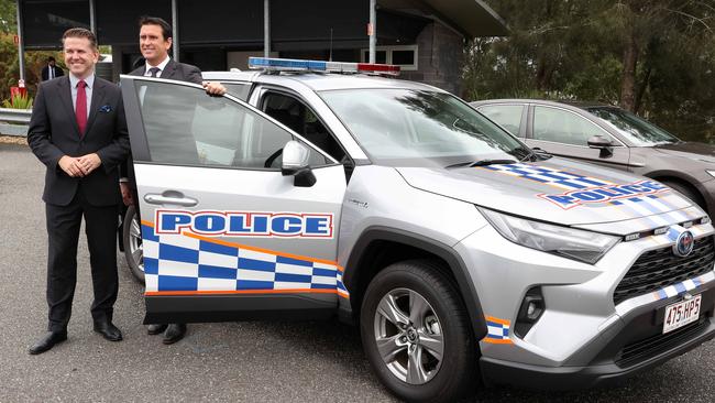 Deputy Premier Jarrod Bleijie and Police Minister Dan Purdie unveil the new fleet of RAV4 police cars. Picture: Liam Kidston