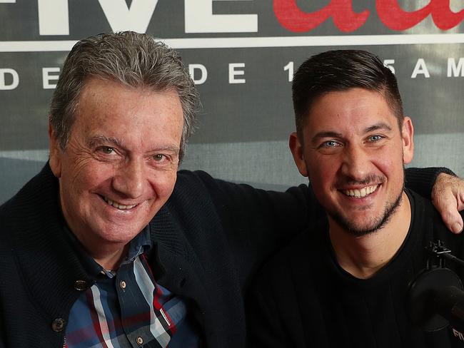 Former Seven newsreader Graeme Goodings with son, FIVEaa brekkie co-host Will Goodings, at the FIVEaa studios. Graeme is back in media, reading the FIVEaa news on Saturday mornings. Picture: DYLAN COKER