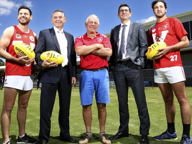 AFL - JLT Community Series at Strathalbyn Football Club - (L-R) Todd Price, Playing coach, JLT CEO Public Sector Gary Okely, Strathalbyn president Brenton Smith, Travis Auld, General Manager of clubs and broadcasting and Angus Pichl, player for Strathalbyn. Picture Sarah Reed