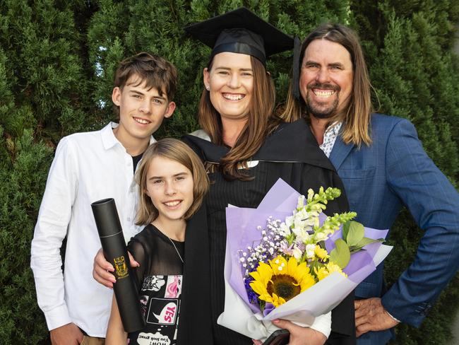 Cr Kirstie Schumacher celebrates her Bachelor of Communication and Media with son Decklan, daughter Grace and husband Wayne Schumacher. Picture: Kevin Farmer